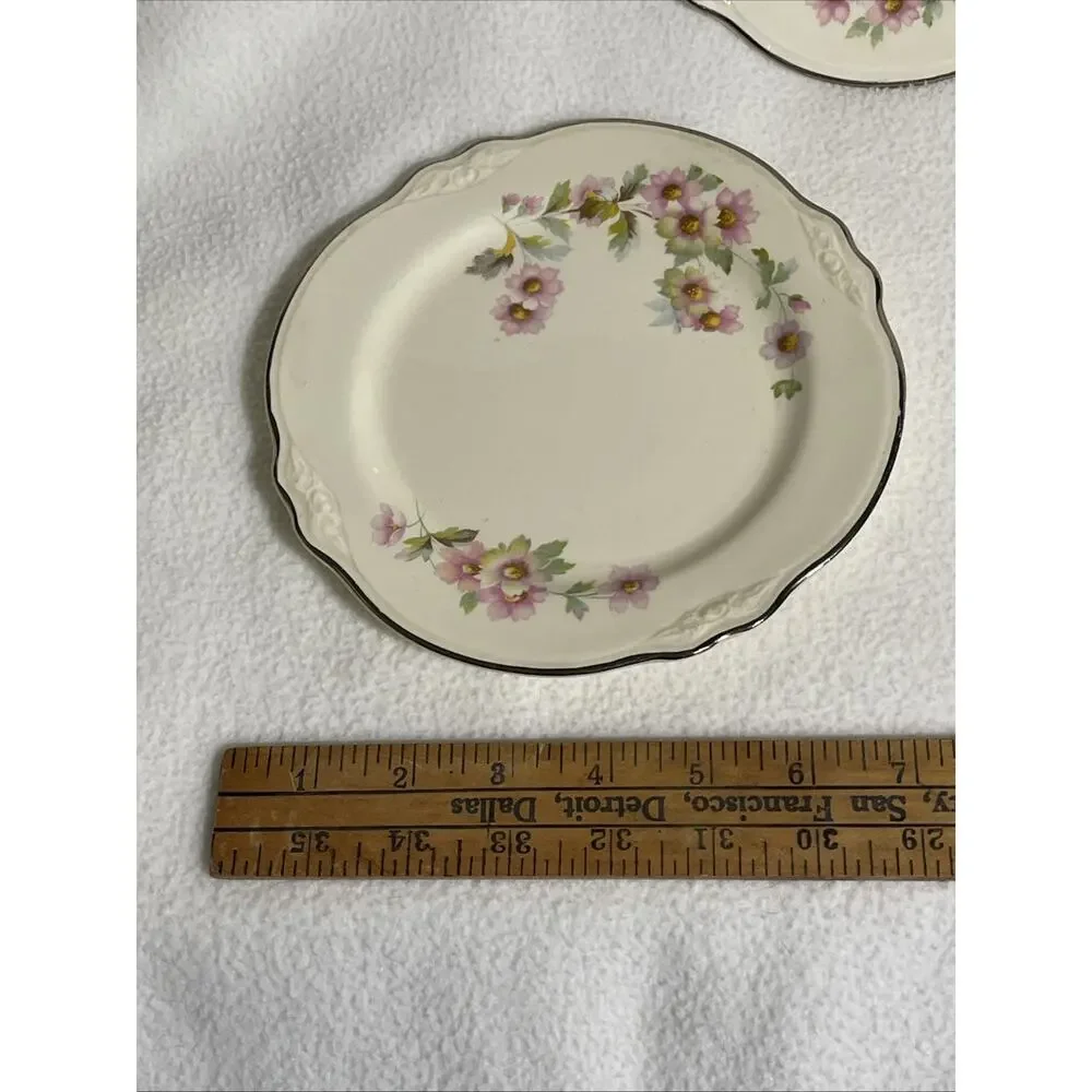 Homer Laughlin VIRGINIA ROSE Porcelain Floral Platinum Trim Bread Plates X4